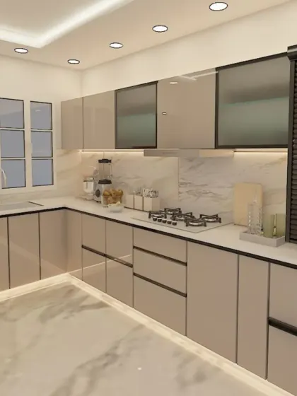 Another angle of the modular kitchen 3D render, showing the placement of the sink, hob, and refrigerator for the most efficient workflow.