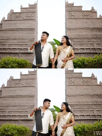 A collage showcasing the couple's playful and romantic moments against a backdrop of impressive, temple-like structures. This shoot blends cultural aesthetics with a modern love story.