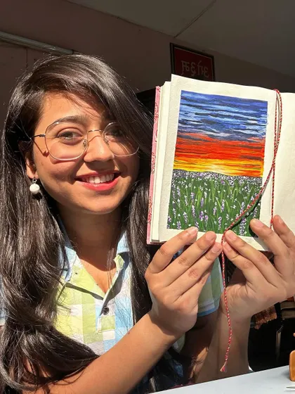 Here I am with my lavender field sunset painting. Painting sunsets is my love language!