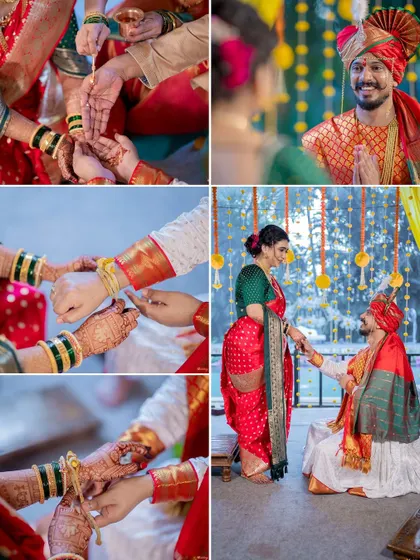 A collage focusing on the 'kankan' tying ritual and other symbolic moments from a Maharashtrian wedding.