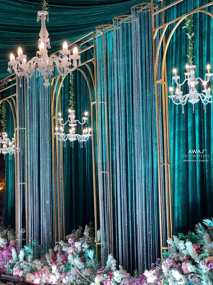 A close-up of the crystal curtains and chandeliers, adding a touch of sparkle and luxury.