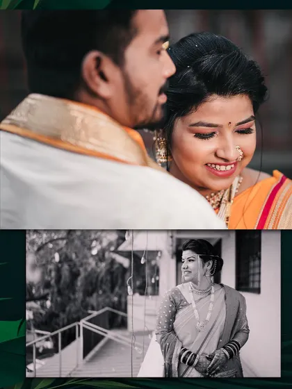 A collage showing a candid, smiling moment between the couple and a classic black and white portrait of the bride, capturing her timeless elegance.