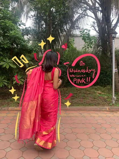On Wednesdays, we wear pink. A Mean Girls reference for this gorgeous pink saree, complete with sparkly doodles.
