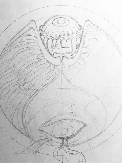 The first pencil layout for a circular, winged creature design, establishing the symmetry and main shapes.