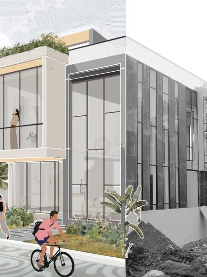 A side-by-side comparison of the initial design illustration and a photo of the villa under construction. This shows the direct translation of our 2D vision into a 3D structure.