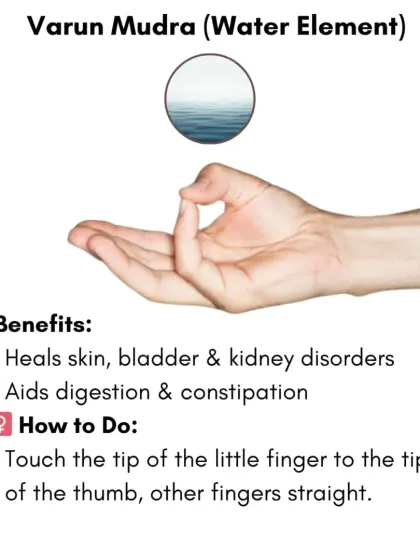 The Varun Mudra balances the water element in your body. It is excellent for healing skin disorders, aiding digestion, and relieving constipation by ensuring proper hydration and fluid balance.