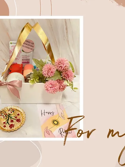 A creative graphic showcasing the basket hamper as a perfect Rakhi gift for a sister.
