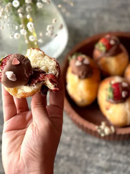 For Valentine's Day, I created these special bombolinis with a chocolate-dipped strawberry on top.