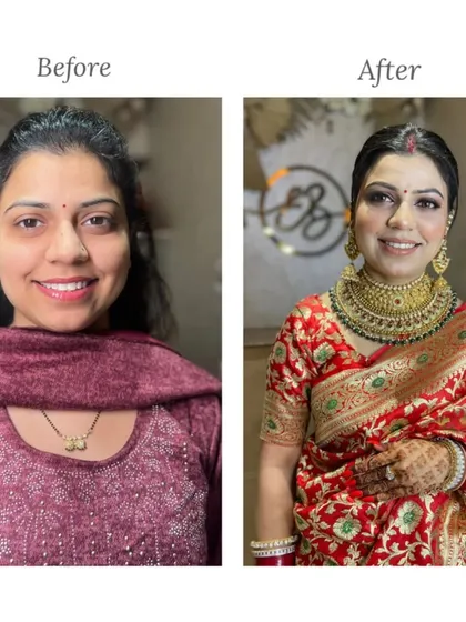 The power of a professional makeover, side-by-side. We enhanced her natural features with a radiant base, defined eyes, and a complementary lip color, creating a timeless look for this beautiful bride in her red Banarasi saree.