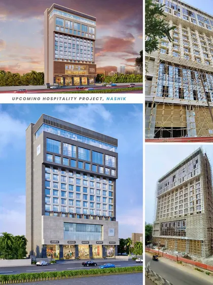A collage showing the upcoming Four Points Hotel in Nashik. This image compares the architectural render with the near-complete construction, showcasing the project's progress.
