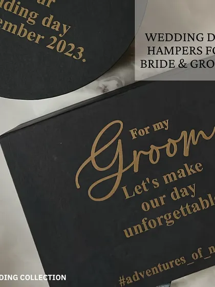 A special gift from a bride to her groom on their wedding day. This personalized box reads "For my Groom, Let's make our day unforgettable."