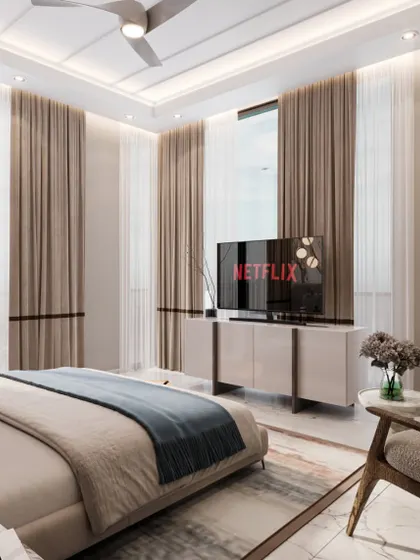 The TV area of the contemporary bedroom, with a sleek console and layered curtains. The design is clean and modern, with a focus on functionality and a calm, neutral color palette.