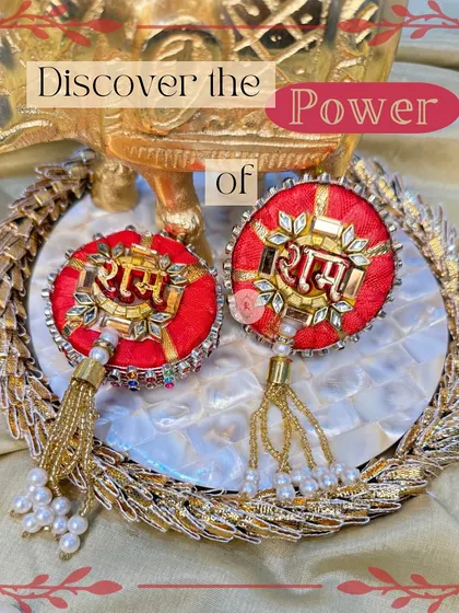 This vibrant red "Ram Ram" set is perfect for a traditional Rakhi celebration. The golden embroidery and pearl tassels add a touch of elegance.