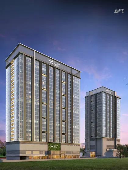 A render of the two towers of the Crescent Western Trade Center. The design thoughtfully integrates amenities like a gym, café, and lounge areas to provide a seamless blend of productivity and well-being.