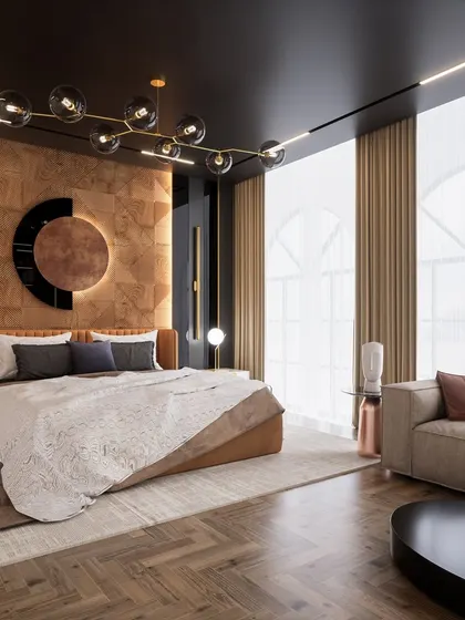We designed this bedroom to be a masterclass in modern luxury. The space features a striking wood-paneled headboard with geometric art, a dark ceiling for a cozy feel, and large windows that flood the room with natural light.