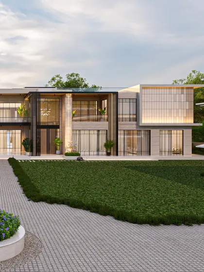 Glass plays a pivotal role in this home's design, flooding the interiors with natural light and establishing a strong dialogue with the outdoors. The straight edges and linear forms underline the home's modern character and create a sense of rhythm.