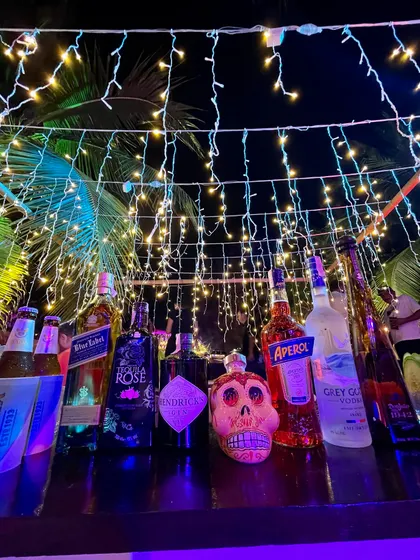 A tropical night-time bar setup. I used fairy lights, palm leaves, and a curated selection of spirits, including a decorative skull bottle, to create a fun, festive, and on-theme bar experience.