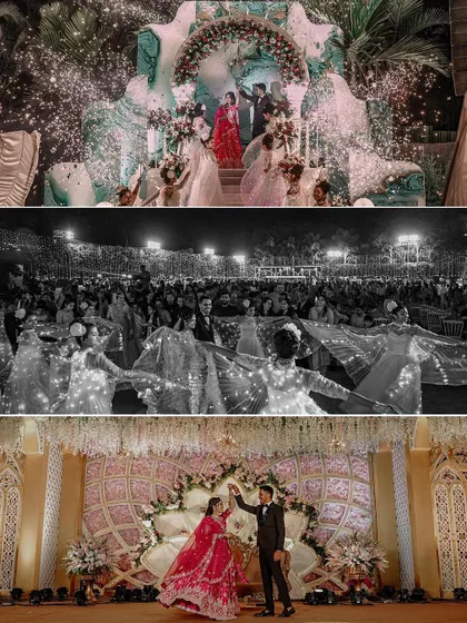 A triptych of epic moments from the reception, including the grand entrance, stage dance, and a performance with light-up wings.