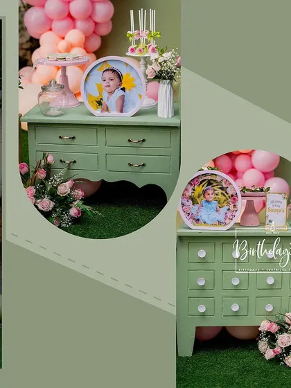 A closer look at the thoughtful details that make a party special. This collage highlights the custom photo displays and small floral arrangements that added a personal touch to Smaya's birthday celebration.