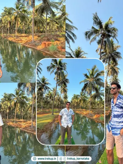 Our trekkers enjoying the scenic boat ride through the coconut groves of the Honnavara backwaters.
