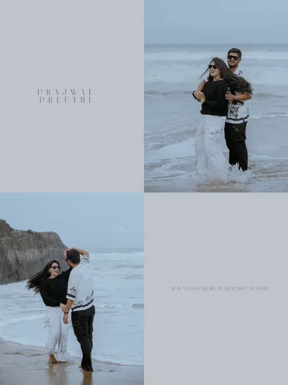 A stylish, muted-tone album layout showcasing the couple's playful and romantic moments by the sea.