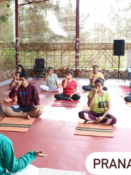 A group practices Nadi Shodhana (alternate nostril breathing) during a wellness retreat. This pranayama technique is one of the most effective for balancing the mind and reducing anxiety.