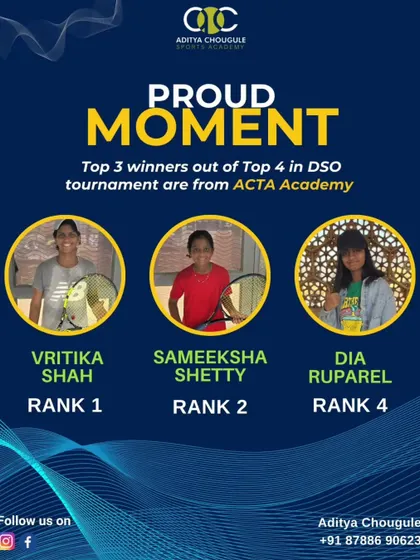 A proud moment for our academy as our players dominate the DSO tournament. Vritika Shah, Sameeksha Shetty, and Dia Ruparel secured the 1st, 2nd, and 4th ranks, a testament to their skill and our coaching.