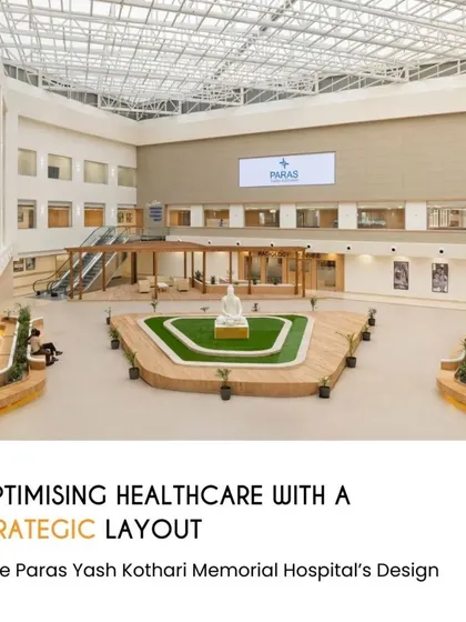 The design of Paras Yash Kothari Memorial Hospital optimizes healthcare delivery with a strategic layout. This image highlights the central, light-filled courtyard that promotes accessibility and fosters a calm, welcoming environment.