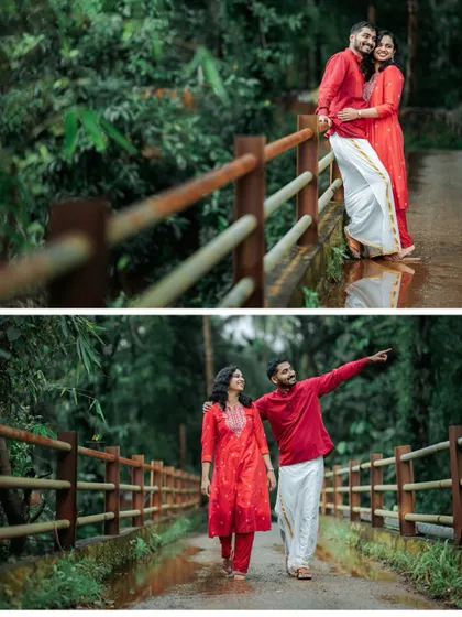 A collage of a couple enjoying a walk on a bridge in the rain, showcasing their playful and romantic interactions.