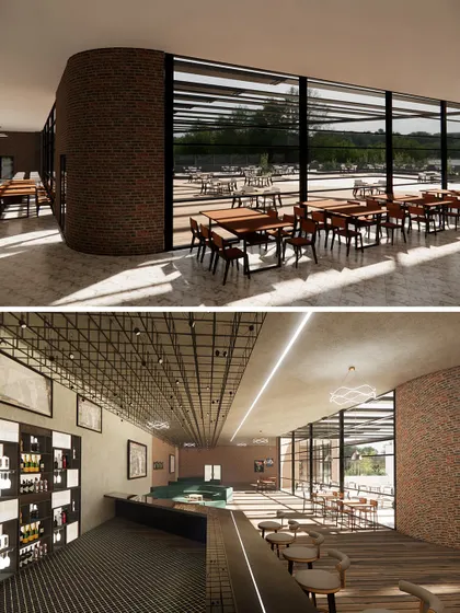 Renders for the restaurant and bar at the MCA Pune clubhouse. The design uses exposed brick and large glass fenestrations to create an industrial yet warm atmosphere with views of the outdoors.