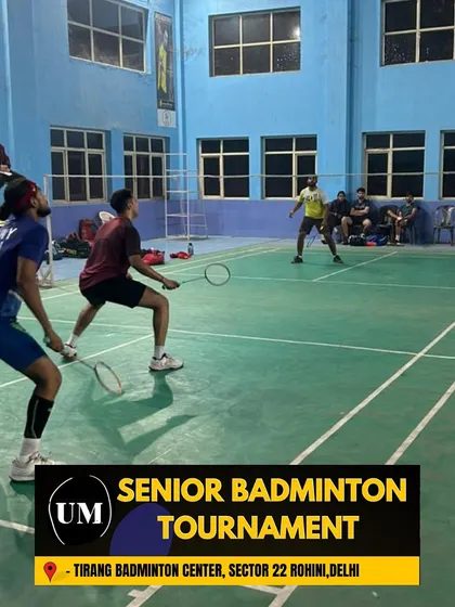 A doubles match in full swing during the UM Senior Badminton Tournament. You can see the intensity and skill on display at our Rohini centre.