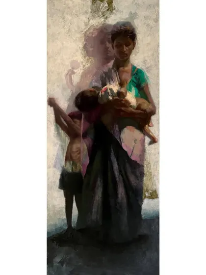 The full "Love & Hunger" painting, a vertical composition emphasizing the mother's strength.
