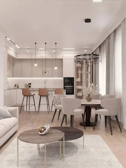 This angle showcases the connection between the dining area and the kitchen's breakfast bar. This layout is perfect for modern lifestyles, allowing for easy interaction whether you are cooking, dining, or relaxing.