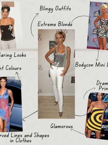 Victoria Beckham's early style as a popstar was defined by bodycon mini dresses, dramatic prints, and bright colors. It was glamorous and attention-grabbing.