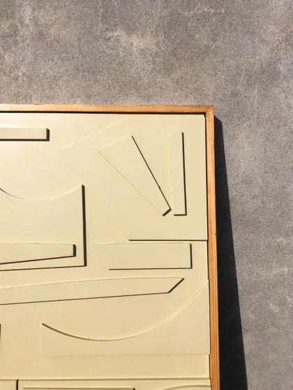 Our 'Dreamscape' 3D relief art in an oak wood frame. This abstract piece uses raised geometric and curved shapes to create a subtle, sophisticated texture.