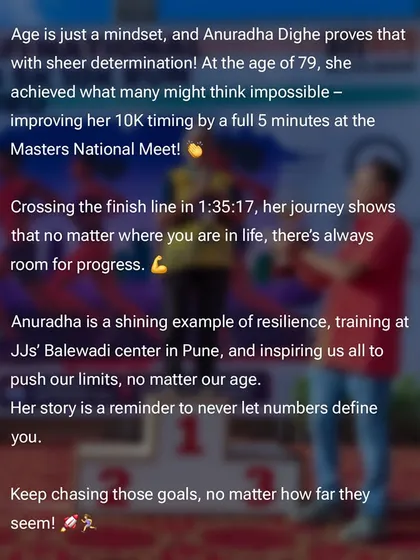 Anuradha's story is a reminder to never let numbers define you. Training at our JJs Balewadi center in Pune, she is a shining example of resilience and inspires us all to push our limits.
