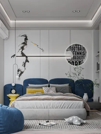 A repeat of the sports-themed bedroom (ID 96), showing the clean lines of the built-in wardrobe and the dynamic wall decor.
