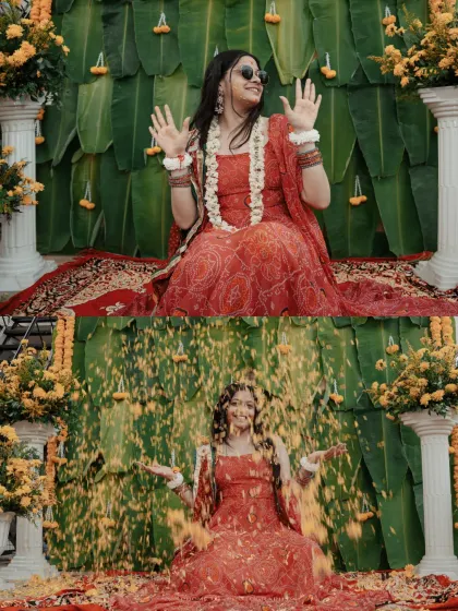A dynamic collage showing the bride being showered with flower petals, a classic and joyous Haldi moment.