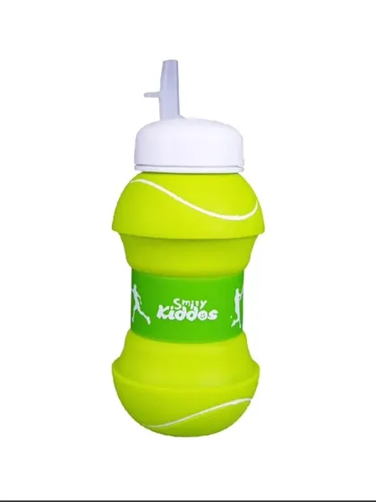 Here is the tennis ball bottle fully extended. It's made of flexible, food-grade silicone and includes a handy pop-up straw for easy sipping.