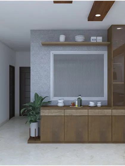 A contemporary crockery unit with a mix of wood textures and a fluted glass window. The design provides both open and closed storage for dining essentials.