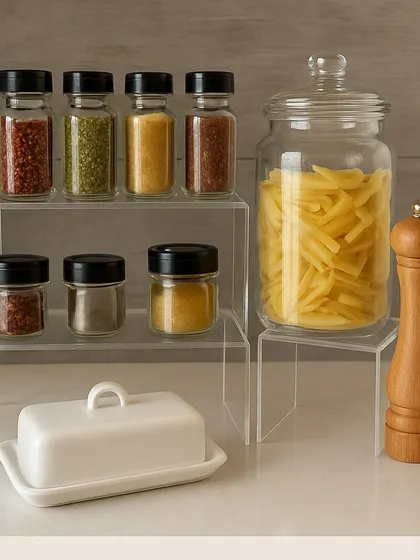 My custom acrylic shelf risers are perfect for the kitchen. They create instant vertical storage for spice jars, pasta containers, or your daily-use crockery, keeping your counters clear.