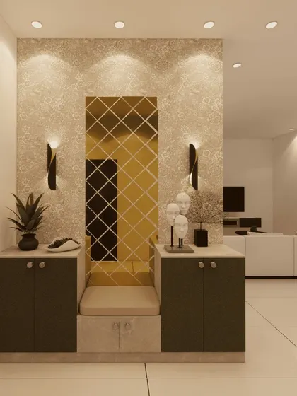 A glamorous foyer design with a diamond-patterned mirror wall, dark cabinetry, and elegant wall sconces, creating a luxurious first impression.