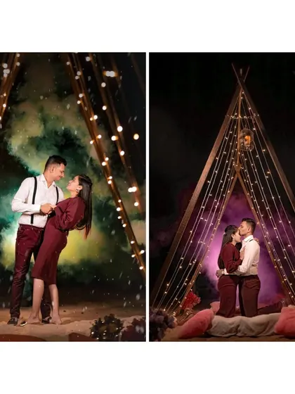 A creative diptych of a couple in a teepee tent adorned with fairy lights, using smoke effects to create a magical and romantic night scene.