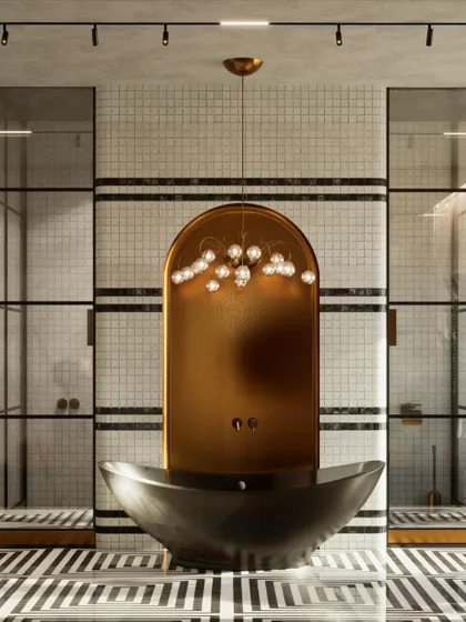 This render for a master bathroom in Kolkata is pure luxury. It features a freestanding black bathtub set against a dramatic arched brass panel, with a cascading chandelier overhead.
