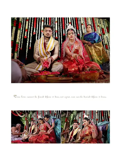 A collage of moments from a traditional Hindu wedding ceremony, showing the couple's interactions and rituals.