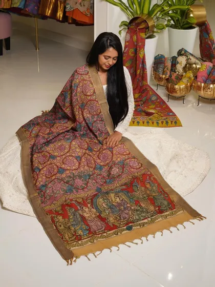 This is a glimpse into my Kalamkari Edition, featuring a wide array of hand-painted dupattas and fabrics from the Indralokam series. Each piece is a unique story, available for you to customize into your dream outfit.