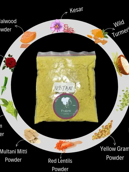 My Ubtan is a powerhouse of natural ingredients. It contains Kesar, Turmeric, Sandalwood, Rose, Neem, Multani Mitti, and various lentil powders for a complete skin treatment.