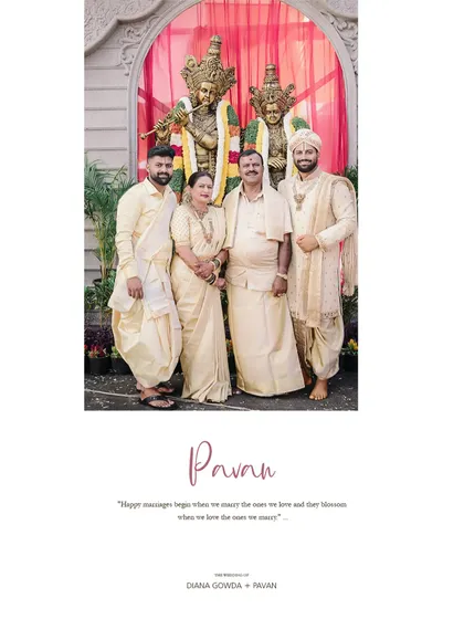 The groom's family dressed in matching cream-colored traditional wear, from kurtas to dhotis, all custom-made to create a harmonious look.