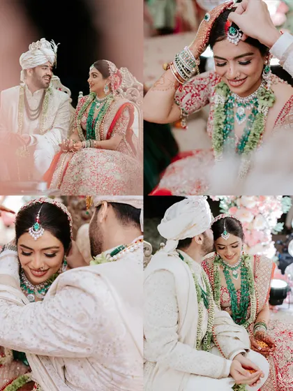 A collage of tender moments from the wedding ceremony in Doha, including the sindoor application and loving glances.
