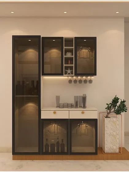 A stylish crockery unit that combines form and function. The tinted glass cabinets with internal lighting beautifully showcase fine dinnerware, while the lower cabinets provide ample storage.
